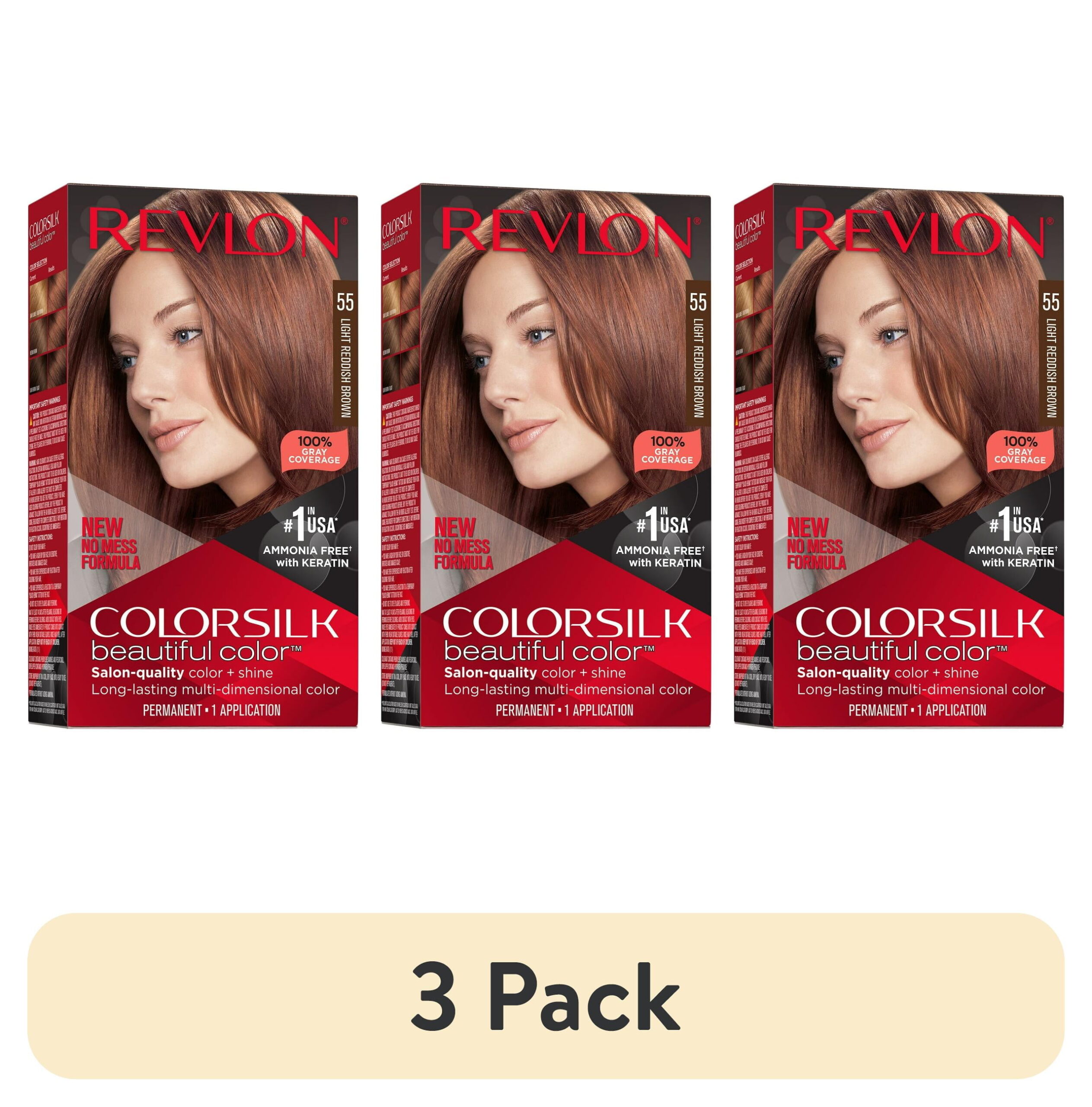 (3 pack) Revlon ColorSilk Permanent Hair Color, Bond Repair Complex, 55 Light Reddish Brown, 1 pack