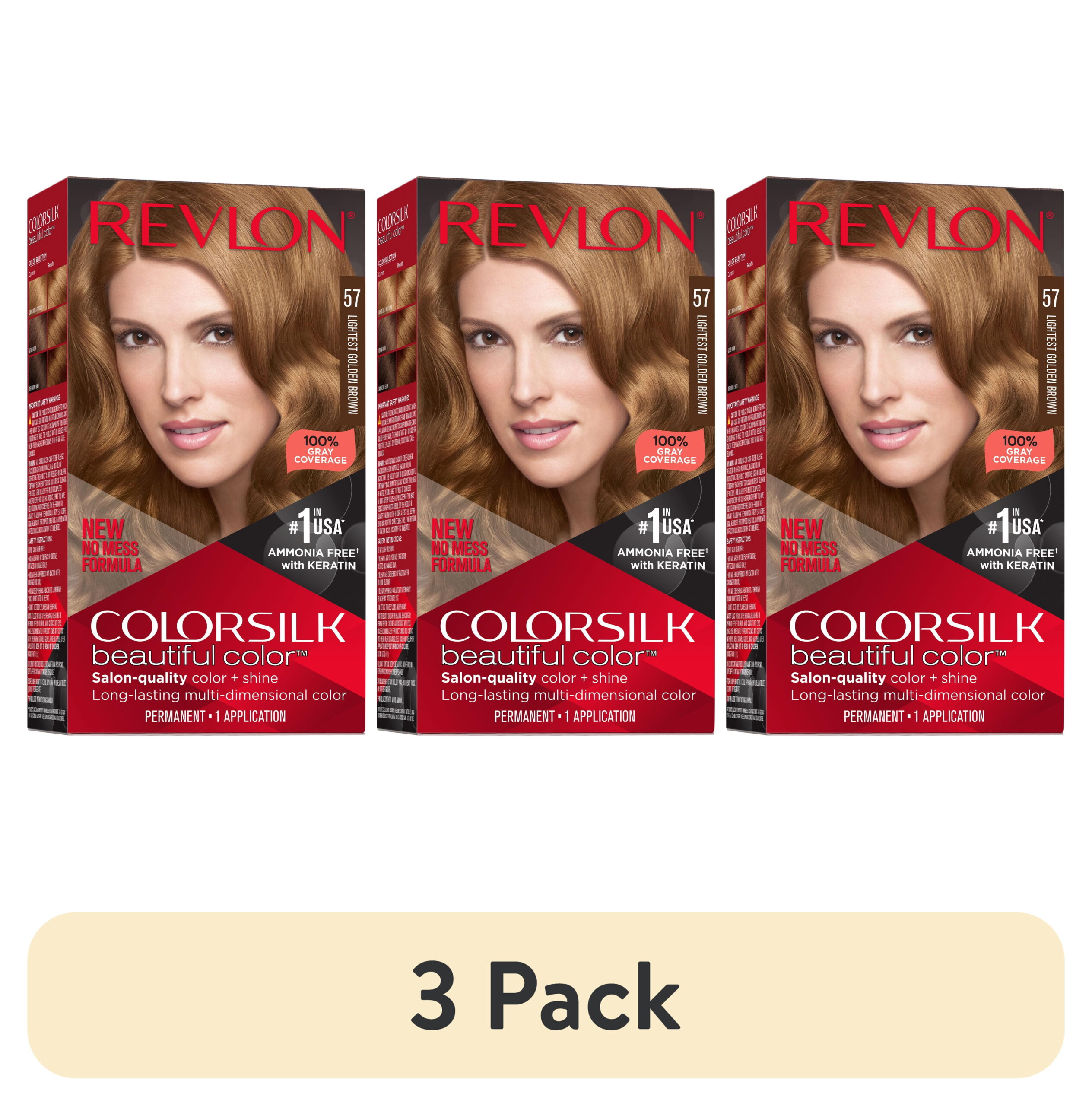 (3 pack) Revlon ColorSilk Permanent Hair Color, Bond Repair Complex, 57 Lightest Golden Brown, 1 pack
