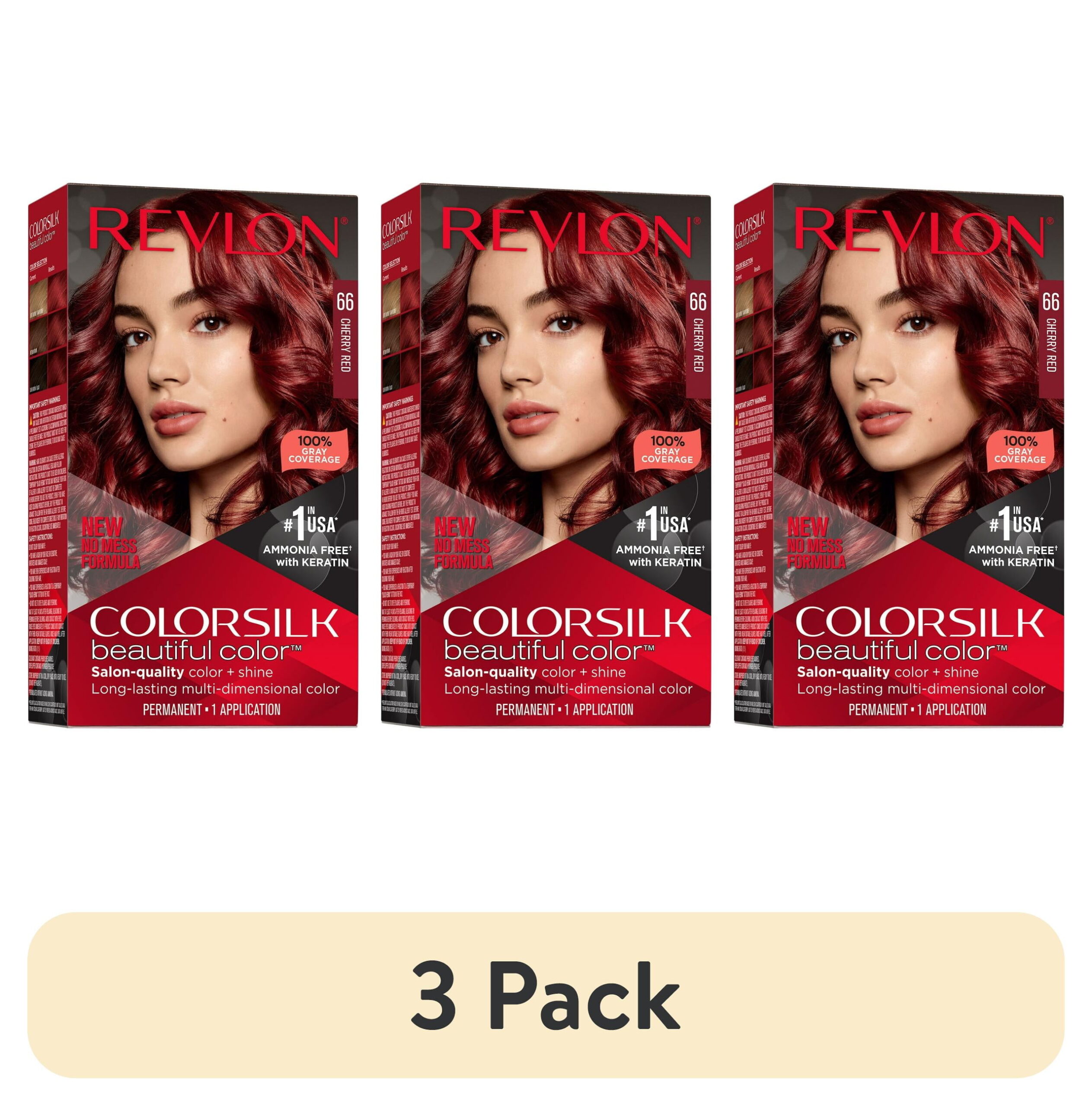(3 pack) Revlon ColorSilk Permanent Hair Color, Bond Repair Complex, 66 Cherry Red, 1 pack