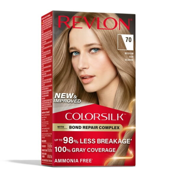 (3 pack) Revlon ColorSilk Permanent Hair Color, Bond Repair Complex, 70 Medium Ash Blonde, 1 pack