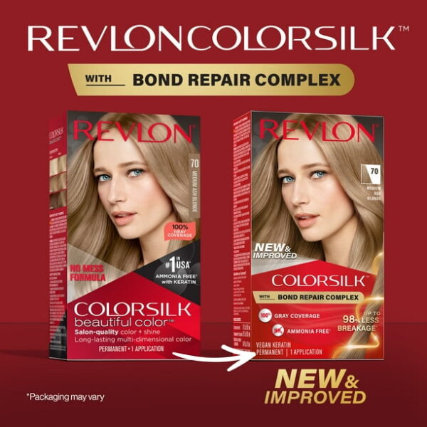 (3 pack) Revlon ColorSilk Permanent Hair Color, Bond Repair Complex, 70 Medium Ash Blonde, 1 pack