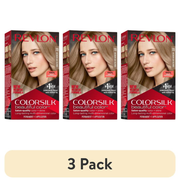 (3 pack) Revlon ColorSilk Permanent Hair Color, Bond Repair Complex, 70 Medium Ash Blonde, 1 pack (3 pack) Revlon ColorSilk Permanent Hair Color, Bond Repair Complex, 70 Medium Ash Blonde, 1 pack