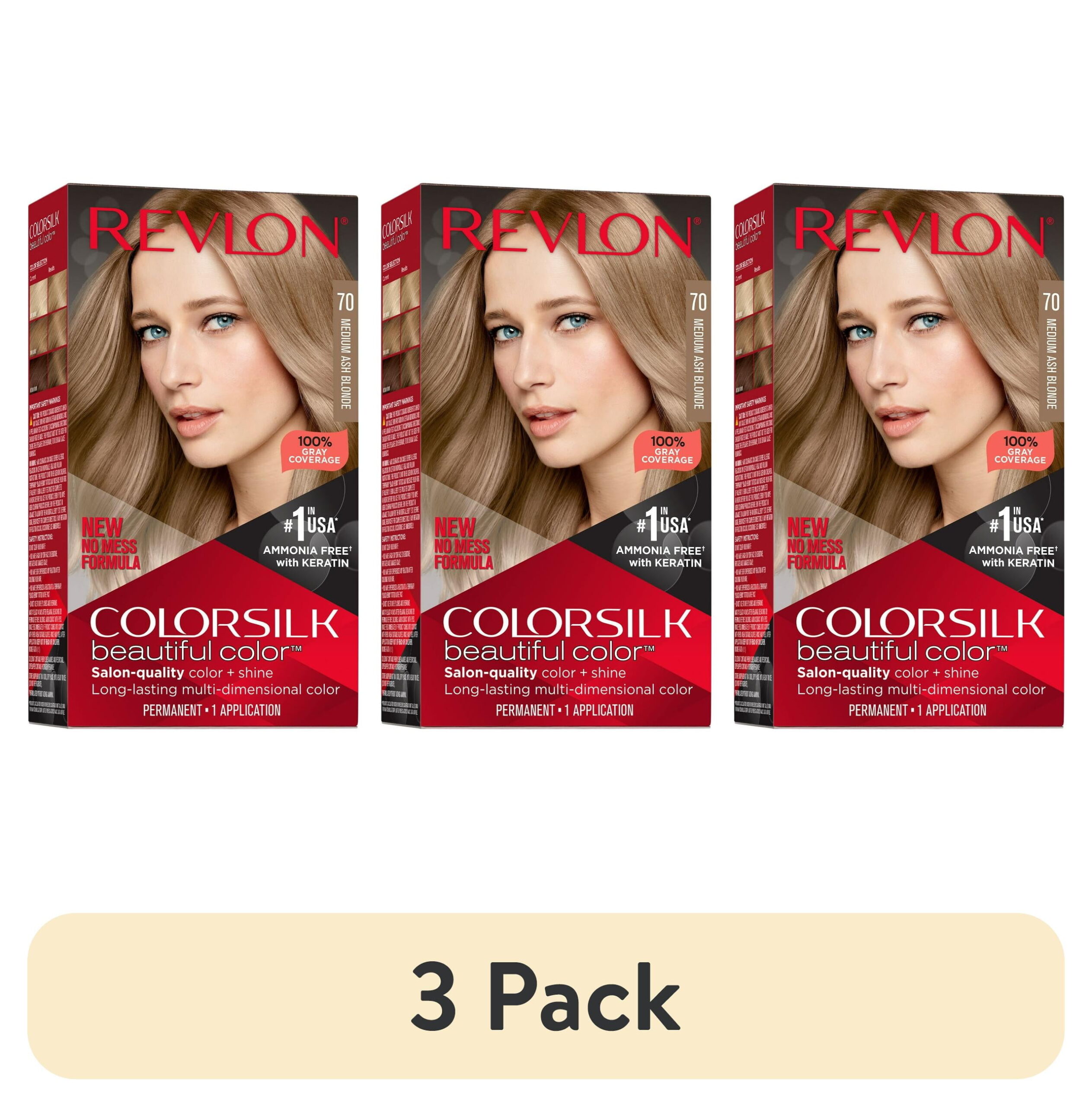 (3 pack) Revlon ColorSilk Permanent Hair Color, Bond Repair Complex, 70 Medium Ash Blonde, 1 pack