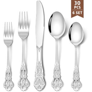 30-Pieces Silverware Set, Retro Royal Flatware Set for 6, Stainless Steel Mirror Cutlery Set, Include Forks Spoons and Knives set, Dishwasher Safe, Silver