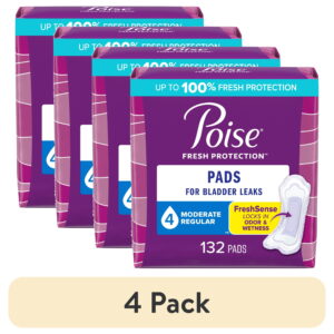 (4 pack) Poise Incontinence Pads for Women, 4 Drop Moderate Absorbency, Regular Length, 132 Count