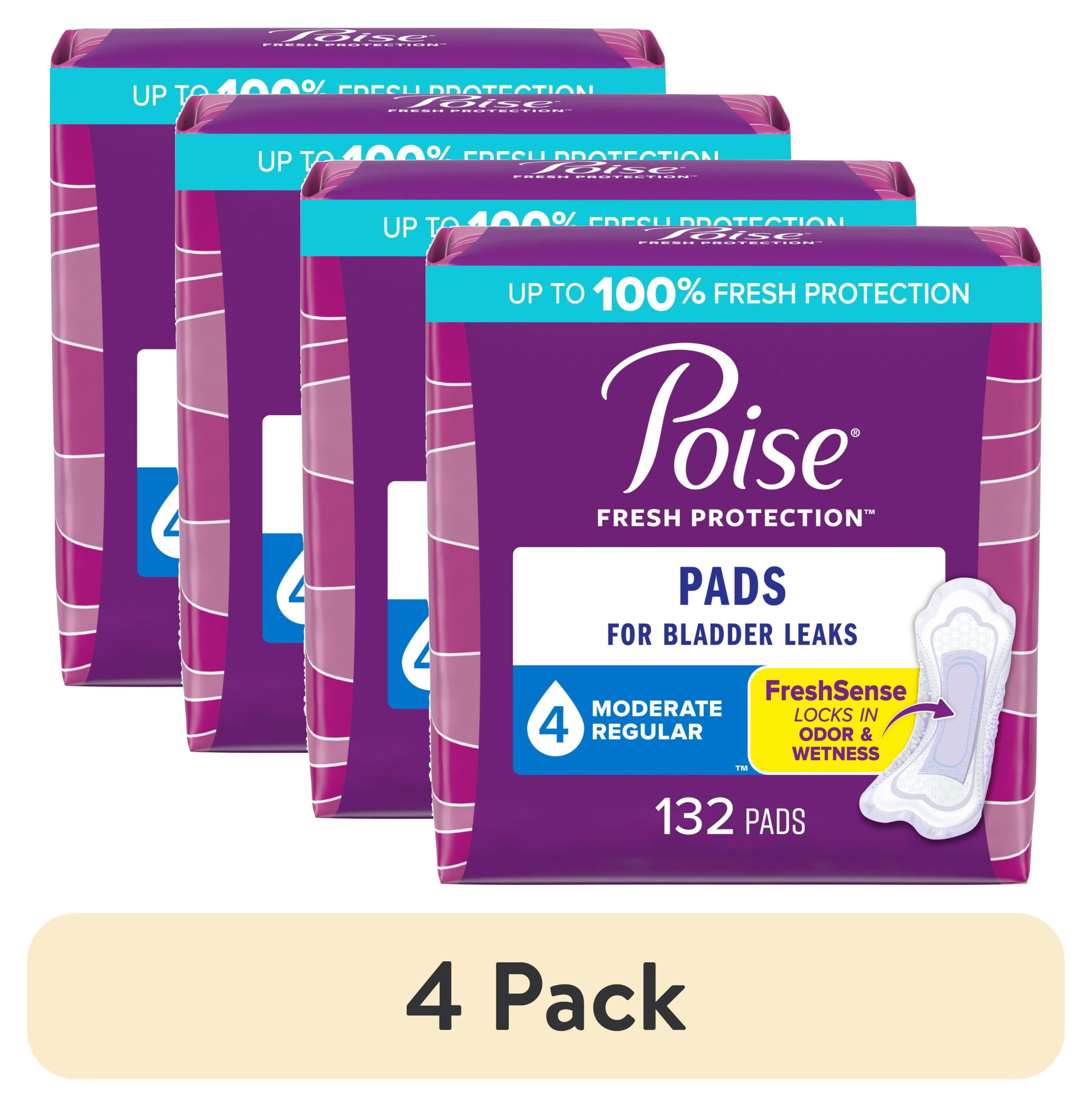 (4 pack) Poise Incontinence Pads for Women, 4 Drop Moderate Absorbency, Regular Length, 132 Count