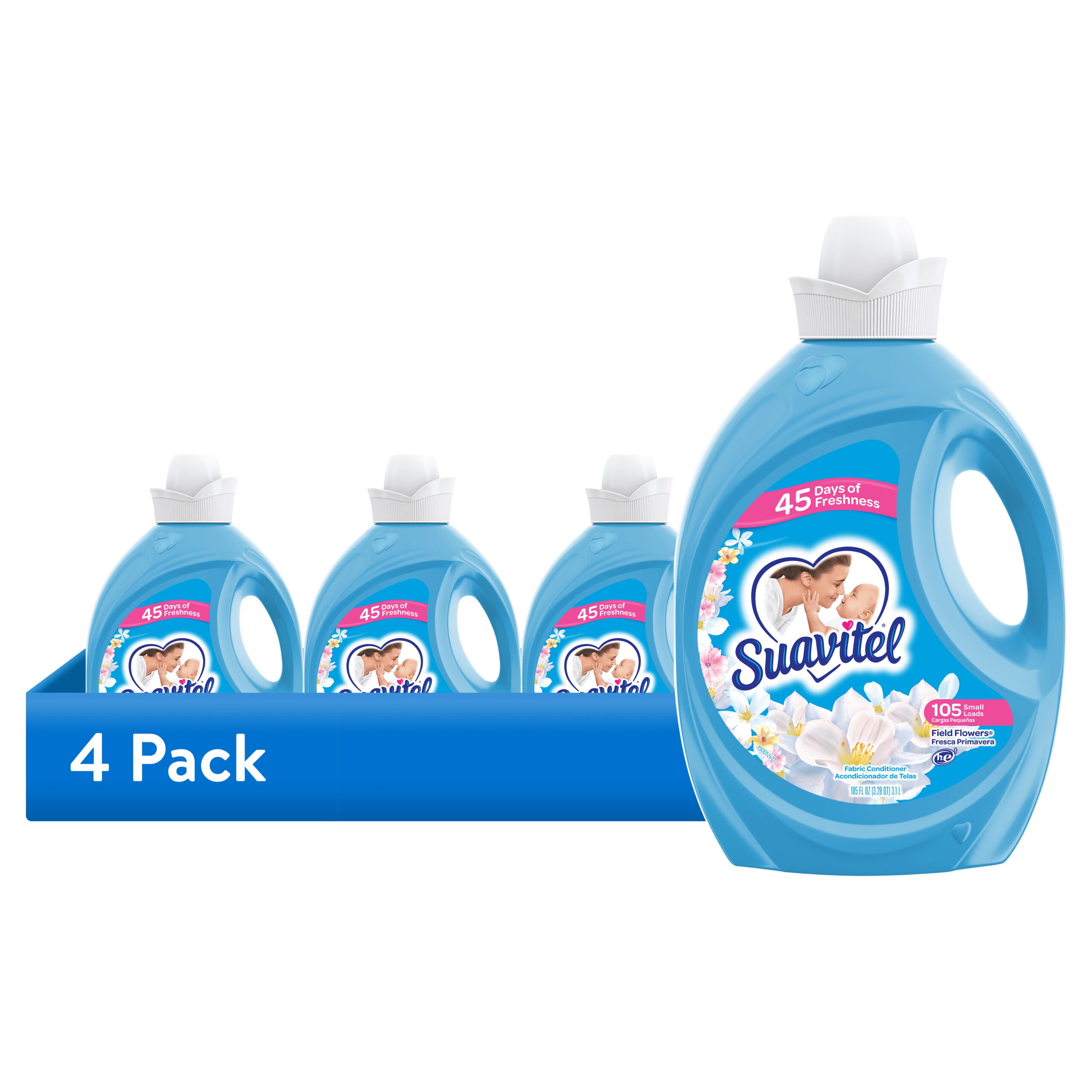(4 pack) Suavitel Liquid Fabric Softener and Conditioner, Field Flowers, 105 oz, 105 Small Loads