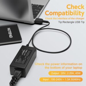 45W Laptop Charger for Lenovo ADLX45DLC2A, ADLX45DLC3A, ADLX45NCC2A, ADLX45NCC3A, ADLX45NDC2A, ADLX45NDC3A, ADLX45NLC2A, ADLX45NLC3A, 2.25A 20V AC Adapter Power Supply Cord (USB...