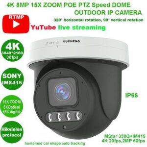 4K 8MP 20fps 15X ZOOM POE human auto tracking RTMP PTZ IP Camera RTMP Hikvision protocol 256SD TF card 30M IR