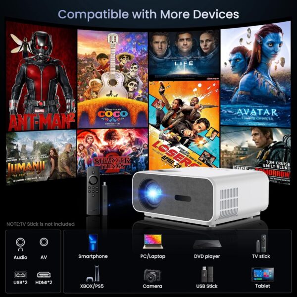 4K Support Projector with WiFi and Bluetooth, HOMPOW Mini Portable Projectors for Outdoor Home Movie, Compatible with Laptop, Smartphone, TV Stick, Xbox, PS5