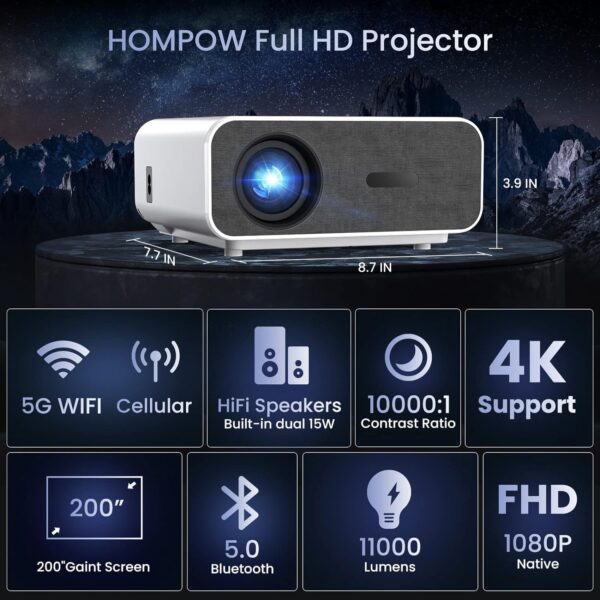 4K Support Projector with WiFi and Bluetooth, HOMPOW Mini Portable Projectors for Outdoor Home Movie, Compatible with Laptop, Smartphone, TV Stick, Xbox, PS5