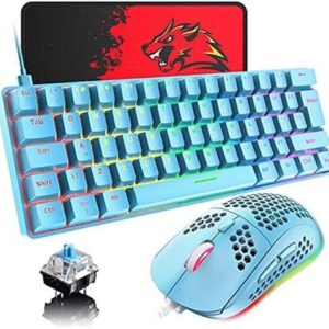 60% Compact Wired Mechanical Gaming Keyboard, Blue Switches, Rainbow LED Backlight, Tenkeyless, Programmable Macros, RGB Mouse 6400 DPI RGB Wired