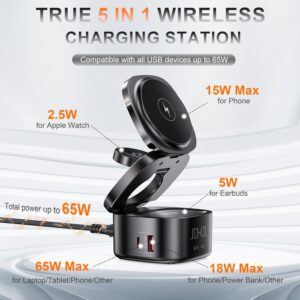 65W Charging Station for Multiple Devices, 5 in 1 Magnetic Wireless Charger Compatible with Magsafe Charger, GaN Foldable Fast Charging Stand for iPhone, MacBook, Apple Watch,...