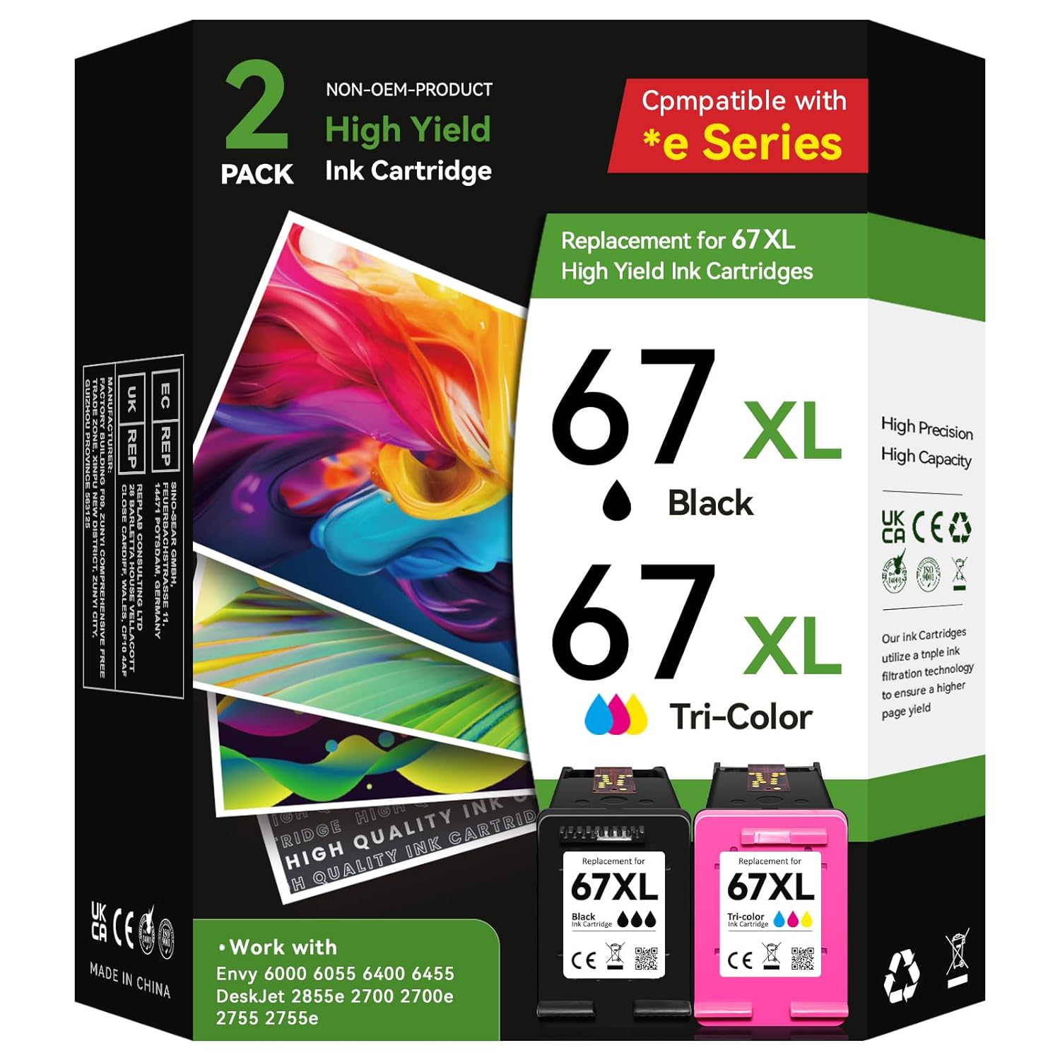 67XL Ink Cartridge Black/Color Combo Pack Replacement for HP Ink 67 67XL, for HP 67 Ink Cartridge, Fit for Envy 6000 6055 6400 6455 DeskJet 2855e 2700 2700e 2755 2755e 2752 4152...