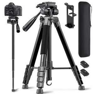 73" Camera Tripod and Monopod, Professional Aluminum Tripod Stand for Mirrorless Camera/DSLR/Cell Phone/Camcorder/GoPro, with Phone Holder and Travel Bag (Black)