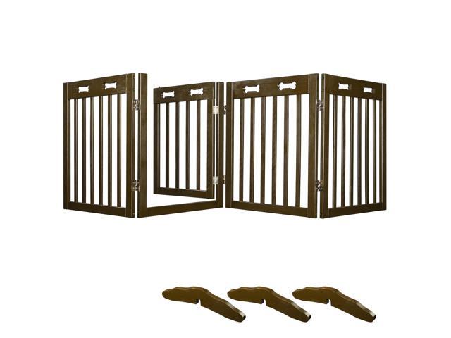 80"x24" 4 Panel Folding Pet Gate Wooden Dog Fence Baby Safety Gate Playpen Barrier 3 Feet with Door