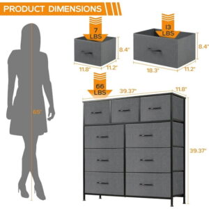9 Drawer Dresser, Wide Chest Of Drawers Nightstand Storage Tower Storage Dresser Fabric Dresser With Wood Top for Living Room, Bedroom, Hallway, Grey