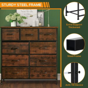 9 Drawer Dresser, Wide Chest Of Drawers Nightstand Storage Tower Storage Dresser Fabric Dresser With Wood Top for Living Room, Bedroom, Hallway, Rust
