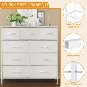 9 Drawer Dresser, Wide Chest Of Drawers Nightstand Storage Tower Storage Dresser Fabric Dresser With Wood Top for Living Room, Bedroom, Hallway, White