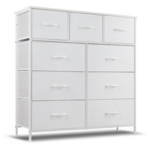 9 Drawer Dresser, Wide Chest Of Drawers Nightstand Storage Tower Storage Dresser Fabric Dresser With Wood Top for Living Room, Bedroom, Hallway, White