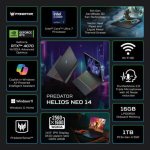 Acer Predator Helios Neo 14.5 inch QHD+ 120Hz Gaming Laptop Intel Core Ultra 7-155H AI PC NVIDIA GeForce RTX 4070 16GB DDR5 RAM 1TB SSD Obsidian Black (2024)
