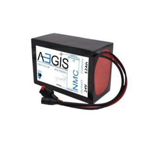 Aegis Battery 24V 12Ah Li-Ion Battery, a state of the art rechargeable battery pack made w/18650 Li-Ion cylindrical cells packed w/black PVC shrink