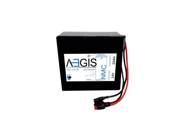 Aegis Battery 24V 20Ah NMC Lithium Battery + Charger. State of the art rechargeable battery pack made w/18650 Li-Ion cylindrical cells great for