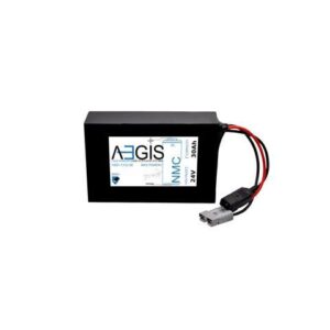 Aegis Battery 24V 30Ah NMC Lithium Battery + Charger. State of the art rechargeable battery pack made w/18650 Li-Ion cylindrical cells great for