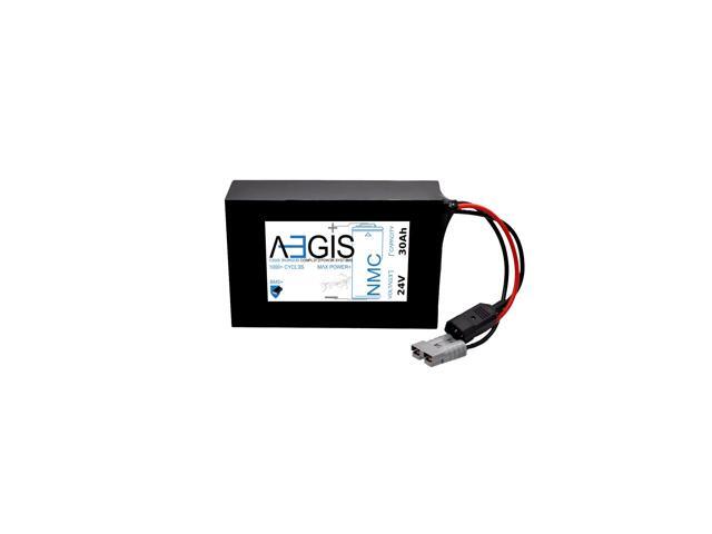 Aegis Battery 24V 30Ah NMC Lithium Battery + Charger. State of the art rechargeable battery pack made w/18650 Li-Ion cylindrical cells great for