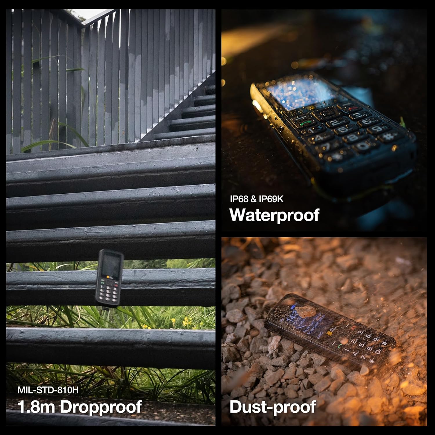 AGM M9 Rugged Feature Phone, 4G Basic Cell Phone, Simple Mobile Phones, IP68 & IP69K Waterproof, Drop-Proof, Large Buttons, Large Fonts, Speed Dial, 3 Card Slots, FM Radio,...