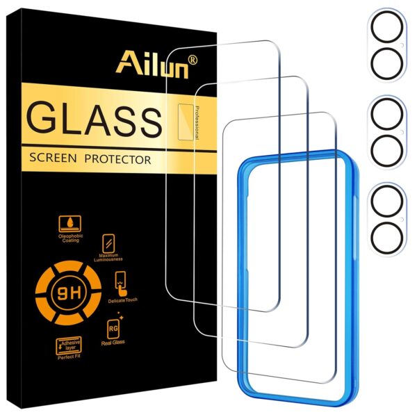 Ailun 3 Pack Screen Protector for iPhone 16 Pro [6.3 inch] + 3 Pack Camera Lens Protector with Installation Frame,Case Friendly Tempered Glass Film,[9H Hardness] - HD