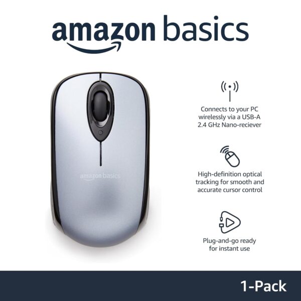 Amazon Basics 2.4 Ghz Wireless Optical Computer Mouse with USB Nano Receiver, Black