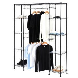 Amazon Basics Adjustable Expandable Metal Hanging Closet Storage Organizer Rack with Shelves, 145-203cm L x 36cm W x 183cm H, Black