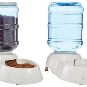 Amazon Basics Automatic Dog Cat Water Dispenser Gravity Feeder and Waterer Set, Large, 12-Pound Food Capacity, 2.5-Gallon, Gray