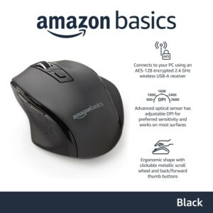 Amazon Basics Computer Mouse Wireless, Ergonomic, 2.4 GHz Optical, DPI Adjustable, Compatible With PC, Mac, Laptop, Black