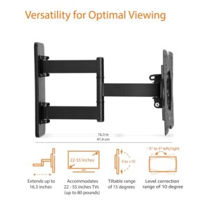 Amazon Basics Full Motion Articulating TV Wall Mount, with Swivel and Tilt, for 26" to 55" TVs and Flat Panels up to 80 Lbs, VESA Compatible, Black