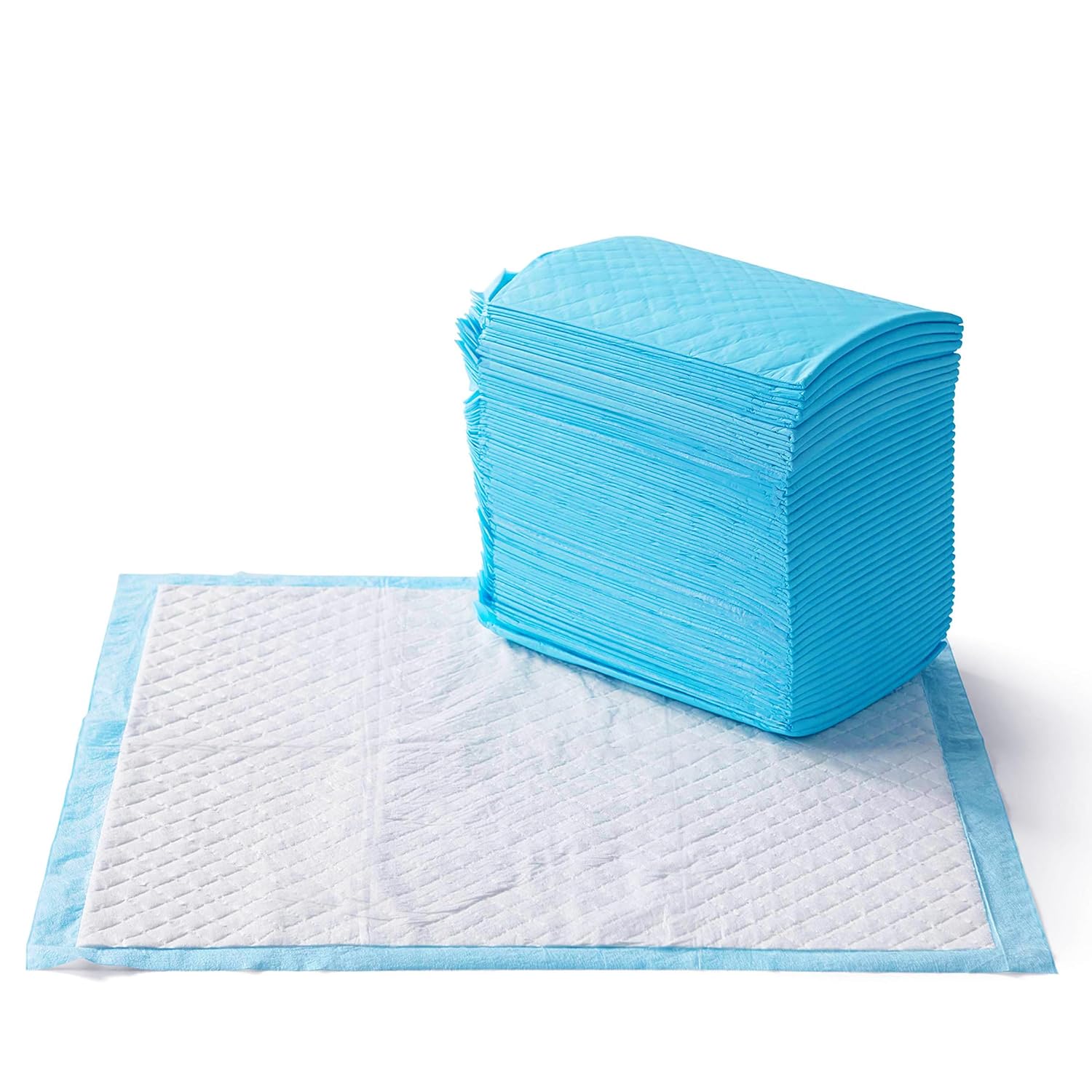 Amazon Basics Leakproof, Absorbent, Disposable Puppy Pads for Potty Training, Heavy Duty Absorbency, Regular Size, 24 x 23 Inches, Pack of 50, Blue & White