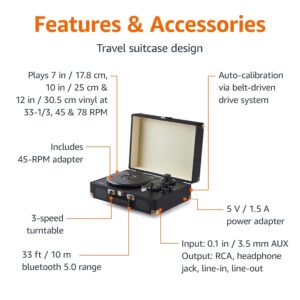 Amazon Basics Portable Suitcase Vinyl Turntable Record Player with Built-in Speakers and Bluetooth, Supports 3-Speed, Black