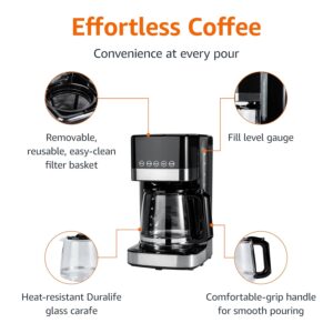 Amazon Basics Programmable 12 Cup Drip Coffee Maker, Coffee Machine with Glass Coffee Pot (1.9 Qt), Auto Shut-off, Touch Screen, Auto Pause, Removable Filter Basket, Black & Silver