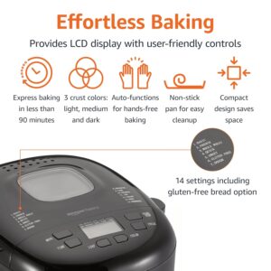 Amazon Basics Programmable Bread Maker, 2 Pound Non-Stick Automatic Bread Making Machine, 14 Settings for Breads, Doughs, Gluten-Free Options and More, LCD Display, Black