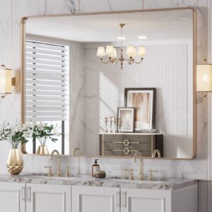 Amazon.com: LOAAO 48”X36” Gold Bathroom Mirror, Rounded Rectangle Gold Frame Mirror, Brushed Gold Bathroom Vanity Mirror Wall-Mounted, Anti-Rust, Tempered Glass, Hangs...