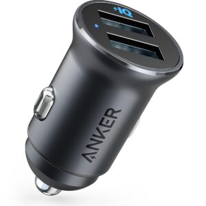 Anker 320 Car Charger (24W II), Mini Aluminum Alloy Dual USB with Blue LED for iPhone15 14 13 12 Series, iPad Pro/Air 2/Mini, Galaxy and More - Not Compatible with Quick Charge