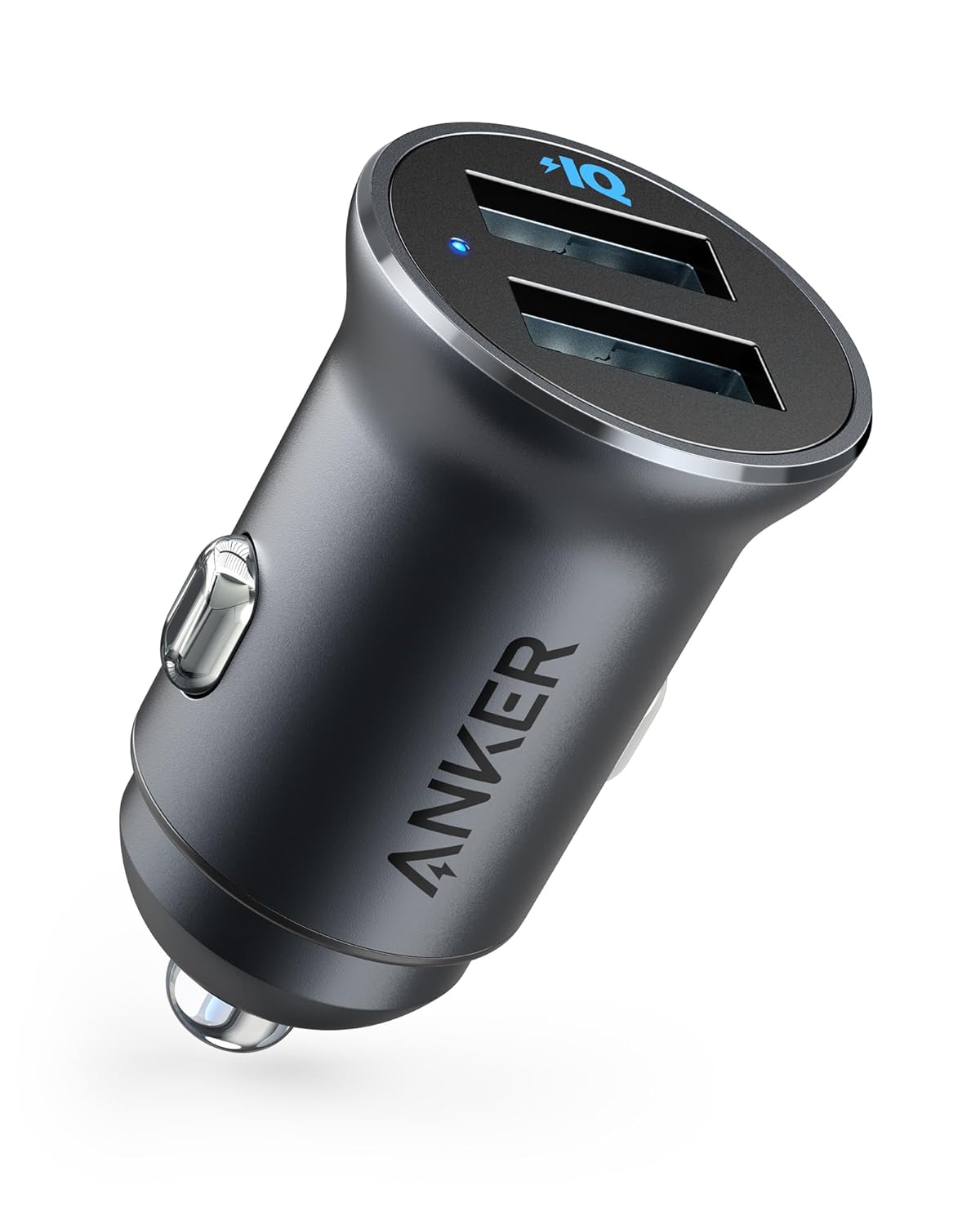 Anker 320 Car Charger (24W II), Mini Aluminum Alloy Dual USB with Blue LED for iPhone15 14 13 12 Series, iPad Pro/Air 2/Mini, Galaxy and More - Not Compatible with Quick Charge