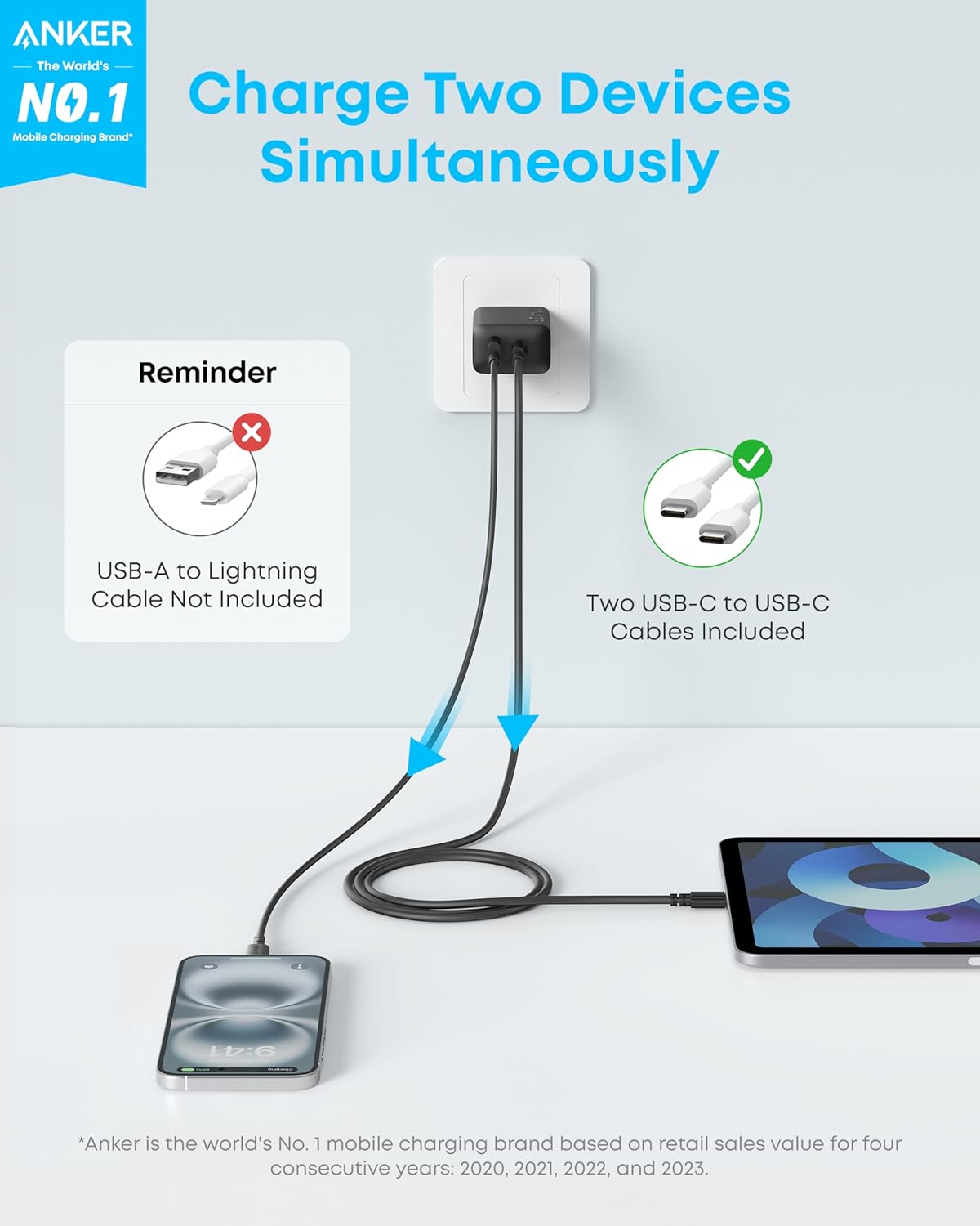Anker iPhone 16 Charger, 2-Pack 20W Fast USB C Charger Block, for iPhone 16/16 Pro Max/15 Series/iPad Pro and More (Black, 2 Pack & 2 Cable)