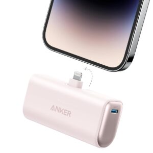 ANKER Nano Portable Charger for iPhone, with Built-in MFi Certified Lightning Connector, Power Bank 5,000mAh 12W, Compatible with iPhone 14/13/12 Series (Pink)