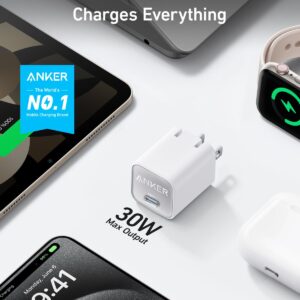 Anker Nano USB C Charger Block, 30W PIQ 3.0 Foldable iPhone Charger Fast Charging for iPhone 16/15 Series, Galaxy, iPad, Compatible with MagSafe