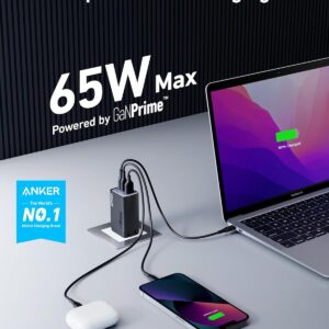 Anker USB C Wall Charger, GaNPrime 65W, 3-Port Fast Compact Foldable for MacBook Pro/Air, iPad Pro, Galaxy S22/S21, HP Spectre, Note 20/10+, iPhone 14/Pro, Pixel, and More