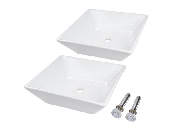 Aquaterior® 2 Pcs Square Porcelain Above Counter Sink Bathroom Ceramic Vessel Basin Pop up Drain Aquaterior® 2 Pcs Square Porcelain Above Counter Sink Bathroom Ceramic Vessel Basin Pop up Drain