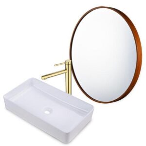 Aquaterior Bathroom Ceramic Vessel Sink Faucet Drain Kit w/ Round Wooden Mirror