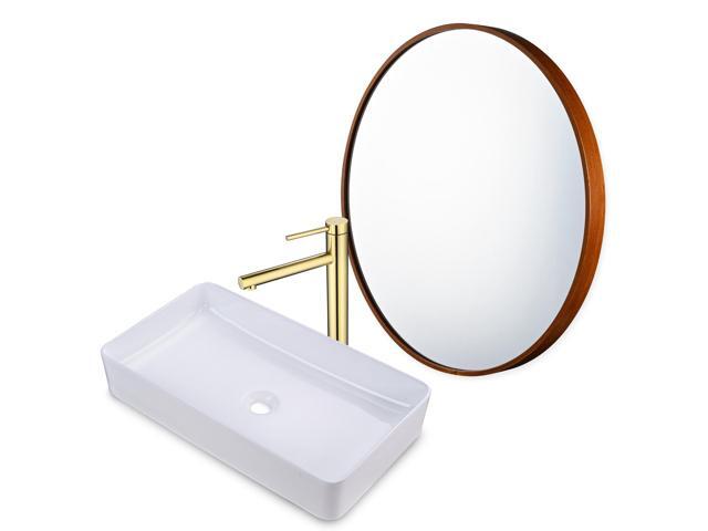 Aquaterior Bathroom Ceramic Vessel Sink Faucet Drain Kit w/ Round Wooden Mirror